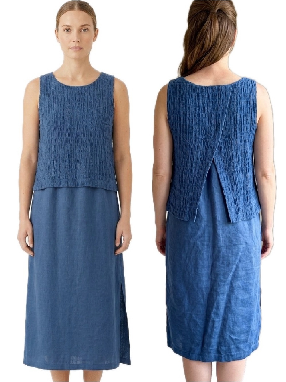 J. Jill PureJill Batik BlueTextured Layered Linen Maxi Dress Size Medium Petite